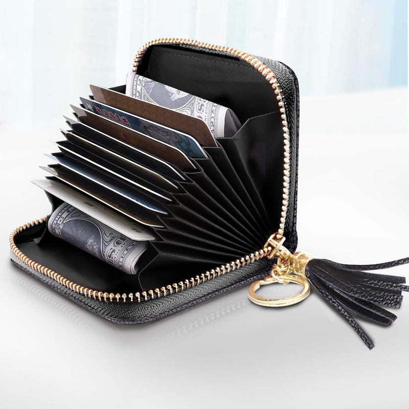 Coco Rossi Leather Credit Card Wallet for Women, RFID Blocking Zipper Cards Holder with Tassels-Black - Image 2